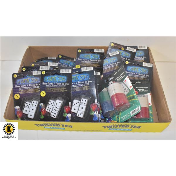 FLAT OF ASSORTED PACKS DICE & POKER CHIPS