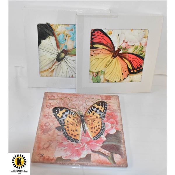 3 SQUARE CERAMIC TRIVETS,BUTTERFLY