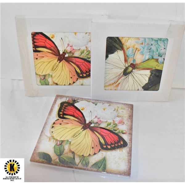 3 SQUARE CERAMIC TRIVETS,BUTTERFLY