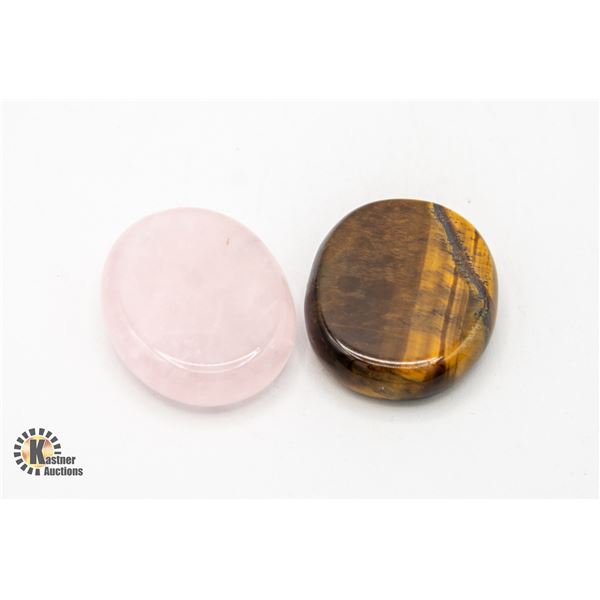 2 POLISHED GEMSTONE PALMSTONES TIGERS EYE(30.7G) +