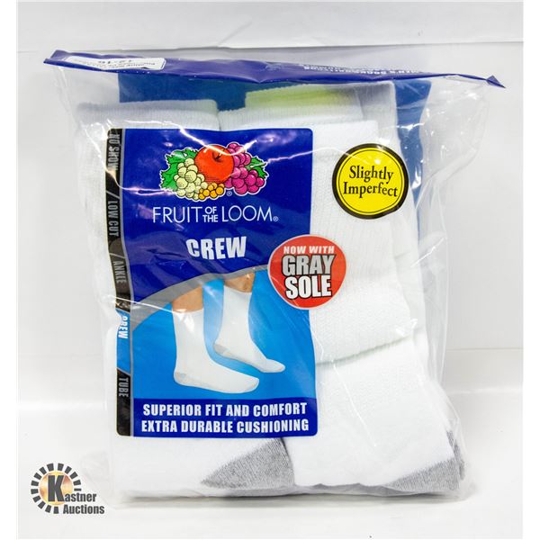 WHITE CREW SOCKS, SIZE 12-16