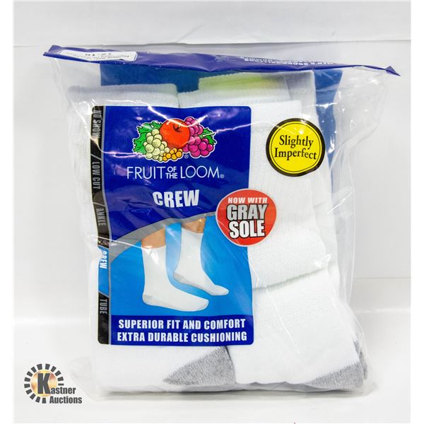 WHITE CREW SOCKS, SIZE 12-16