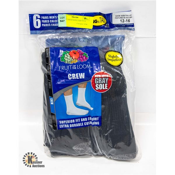 BLACK CREW SOCKS, SIZE 12-16