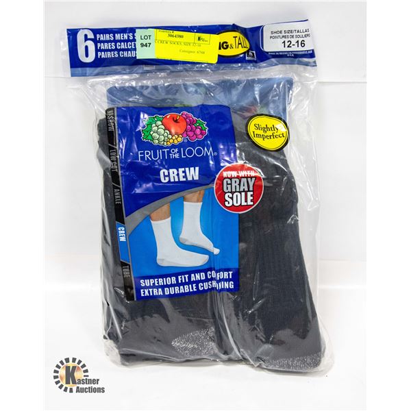 BLACK CREW SOCKS, SIZE 12-16