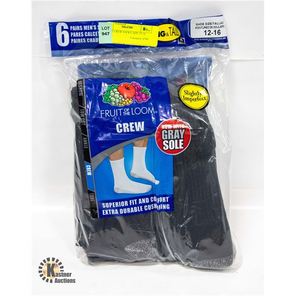 BLACK CREW SOCKS, SIZE 12-16