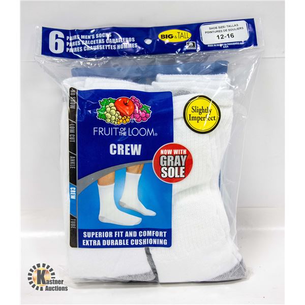 WHITE CREW SOCKS, SIZE 12-16