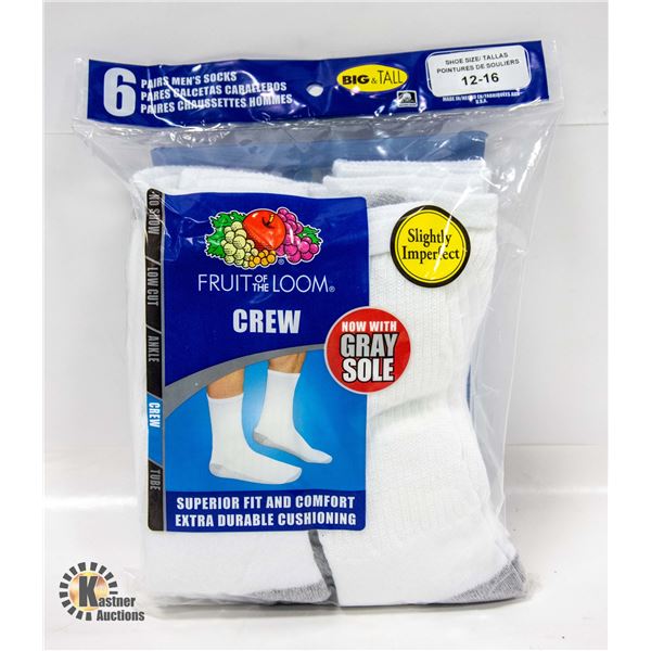 WHITE CREW SOCKS, SIZE 12-16