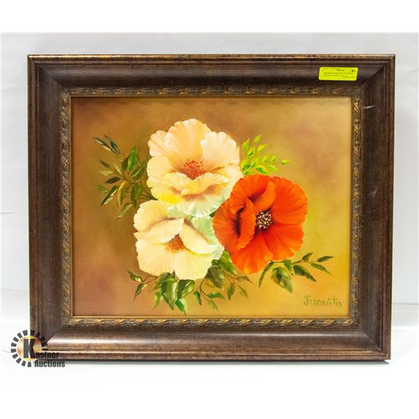 FRAMED FLORAL OIL PAINTING SIGNED JUANITA 21" X 25