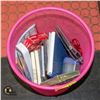 Image 1 : PINK GARBAGE CAN WITH OFFICE SUPPLIES