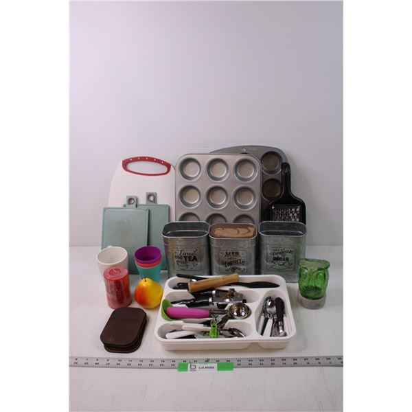 Lot of Assorted Kitchen Items - Cupcake Pans, Cutlery, Misc.