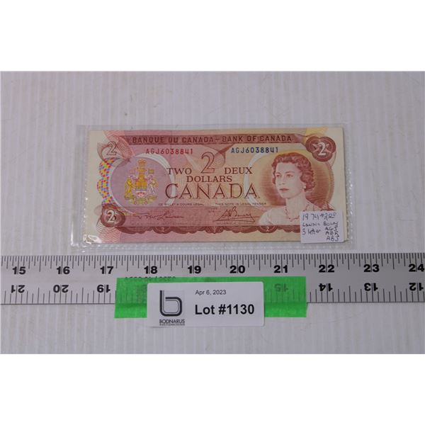 1974 Canadian Two Dollar Bill - Lawson Bouey, 3 Letter AGJ ABR ABJ