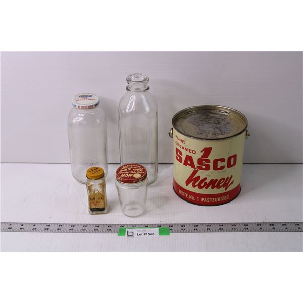 Sasco Honey 8 Pound Tin and Misc. Glass Jars and Bottles