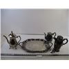 Image 1 : (4) Silver Plated Items (Cocktail Shaker, Platter, Tea Pots)