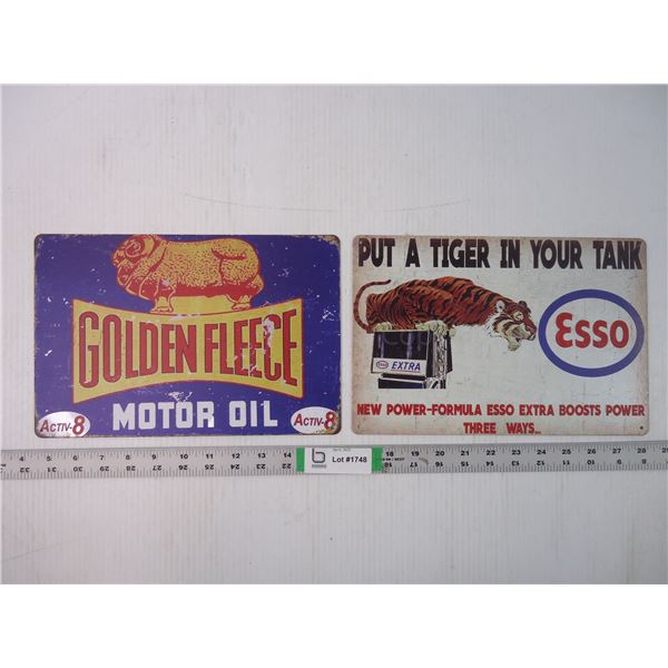 (2) Tin Fantasy Signs- Esso and Golden Fleece Oil