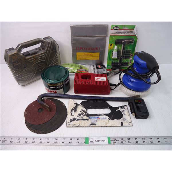 Car Polisher(powers on) Wax, Tire Repair Kit, Lanyard, Inverter, Bar, misc.