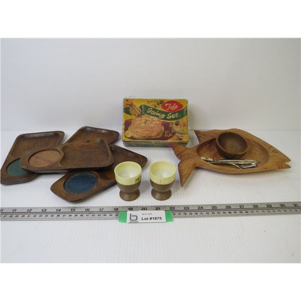 Vintage Icing Set - Wooden Food/Cup Trays - Plastic Egg Cups - Wooden Fish Dish