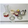 Image 1 : Glass Candle Holders - Vintage Metal Tea Pot - Vase - Misc. Dishes
