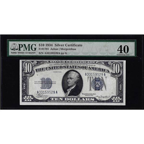 1934 $10 Silver Certificate Note Fr.1701 PMG Extremely Fine 40