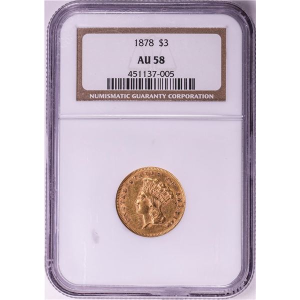 1878 $3 Indian Princess Head Gold Coin NGC AU58