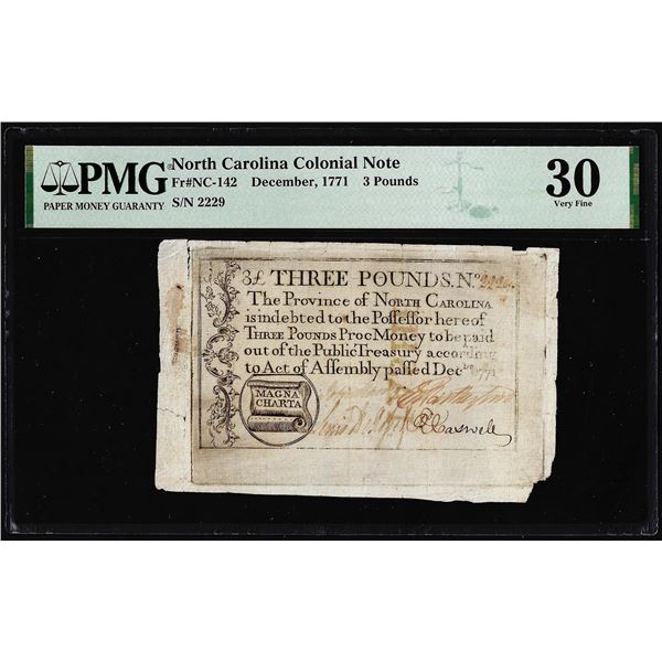 1771 North Carolina 3 Pounds Colonial Note NC-142 PMG Very Fine 30 Magna Charta