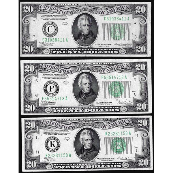 Lot of (3) 1934/1934B/1934C $20 Federal Reserve Notes