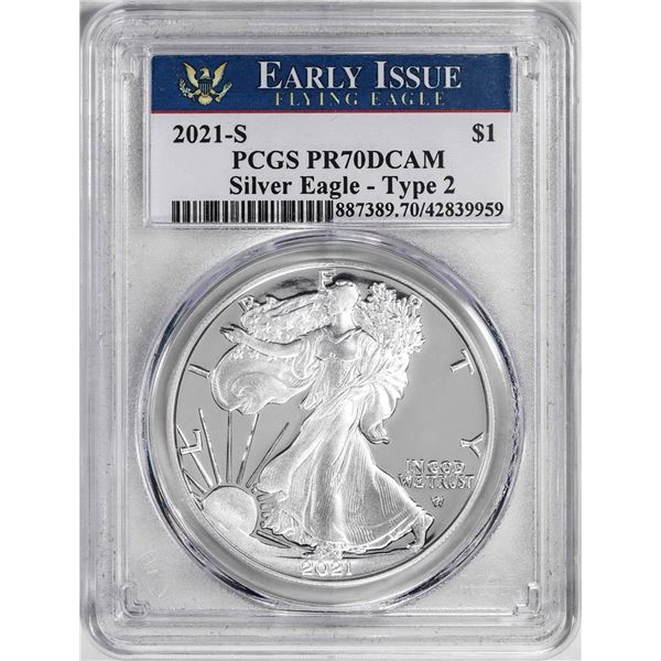 2021-S Type 2 $1 Proof American Silver Eagle Coin PCGS PR70DCAM Early Issue