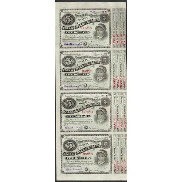 Uncut Sheet of (4) State of Louisiana Baby Bond Obsolete Notes