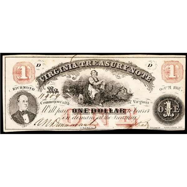 1862 $1 The Commonwealth of Virginia Treasury Richmond Obsolete Note