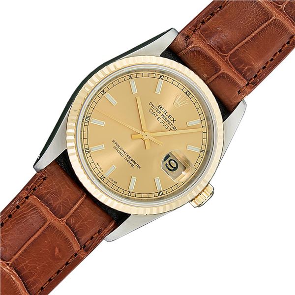 Rolex Men's Two Tone Champagne Index Wristwatch With Brown Leather Band