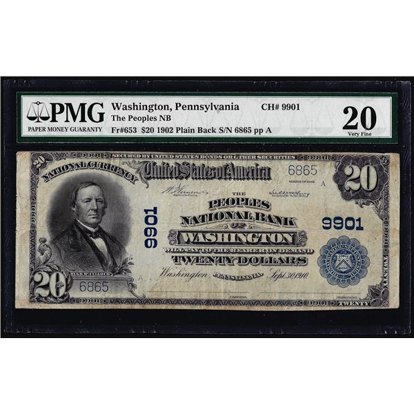 1902PB $20 Peoples NB of Washington, PA CH# 9901 National Currency Note PCGS VF20