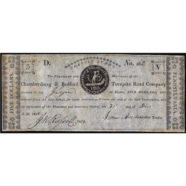 1818 $5 Chambersburg & Bedford Turnpike Road Company Pennsylvania Obsolete Note