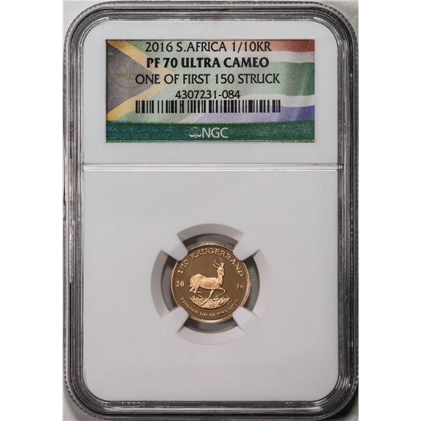 2016 South Africa Proof 1/10 Krugerrand Gold Coin NGC PF70 Ultra Cameo First 150 Struck