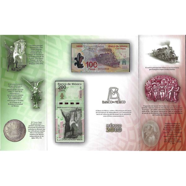 2010 Mexico 100 & 200 Pesos Commemorative Uncirculated Bank Notes in Folder