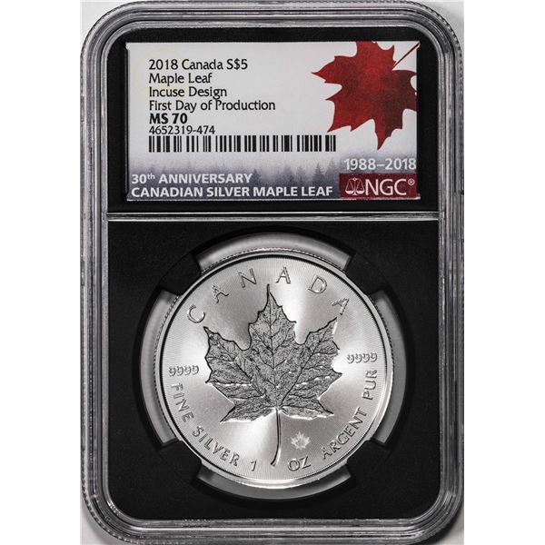 2018 Canada $5 Maple Leaf Silver Coin Incuse Design NGC MS70 First Day of Production