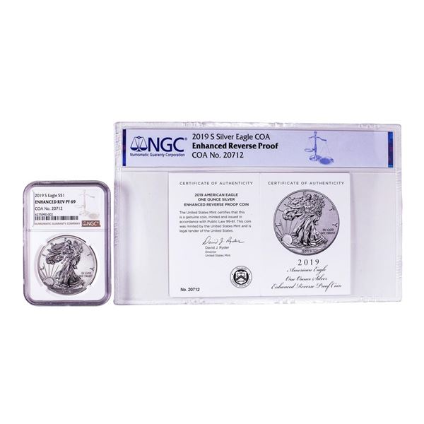 2019-S $1 Enhanced Reverse Proof American Silver Eagle Coin NGC PF69 w/ COA