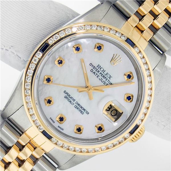 Rolex Mens Two Tone Diamond & Sapphire Datejust Oyster Perpetual Wristwatch With Box