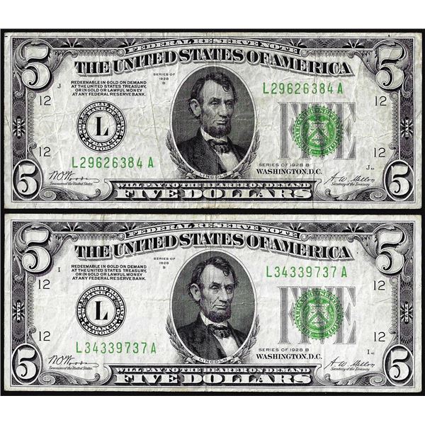 Lot of (2) 1928B $5 Federal Reserve Notes San Francisco