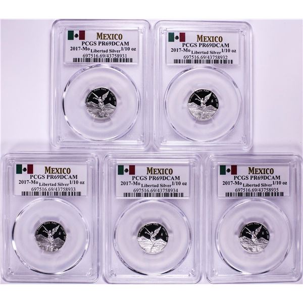 Lot of (5) 2017-Mo Mexico Proof 1/10 oz Silver Libertad Coin PCGS PR69DCAM