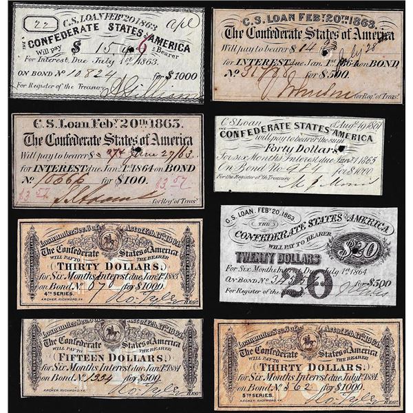 Lot of (8) Assorted 1861-1864 Confederate States of America Bond Coupons