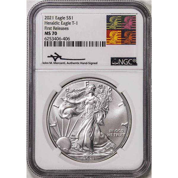 2021 Type 1 $1 American Silver Eagle Coin NGC MS70 First Releases Mercanti Signed