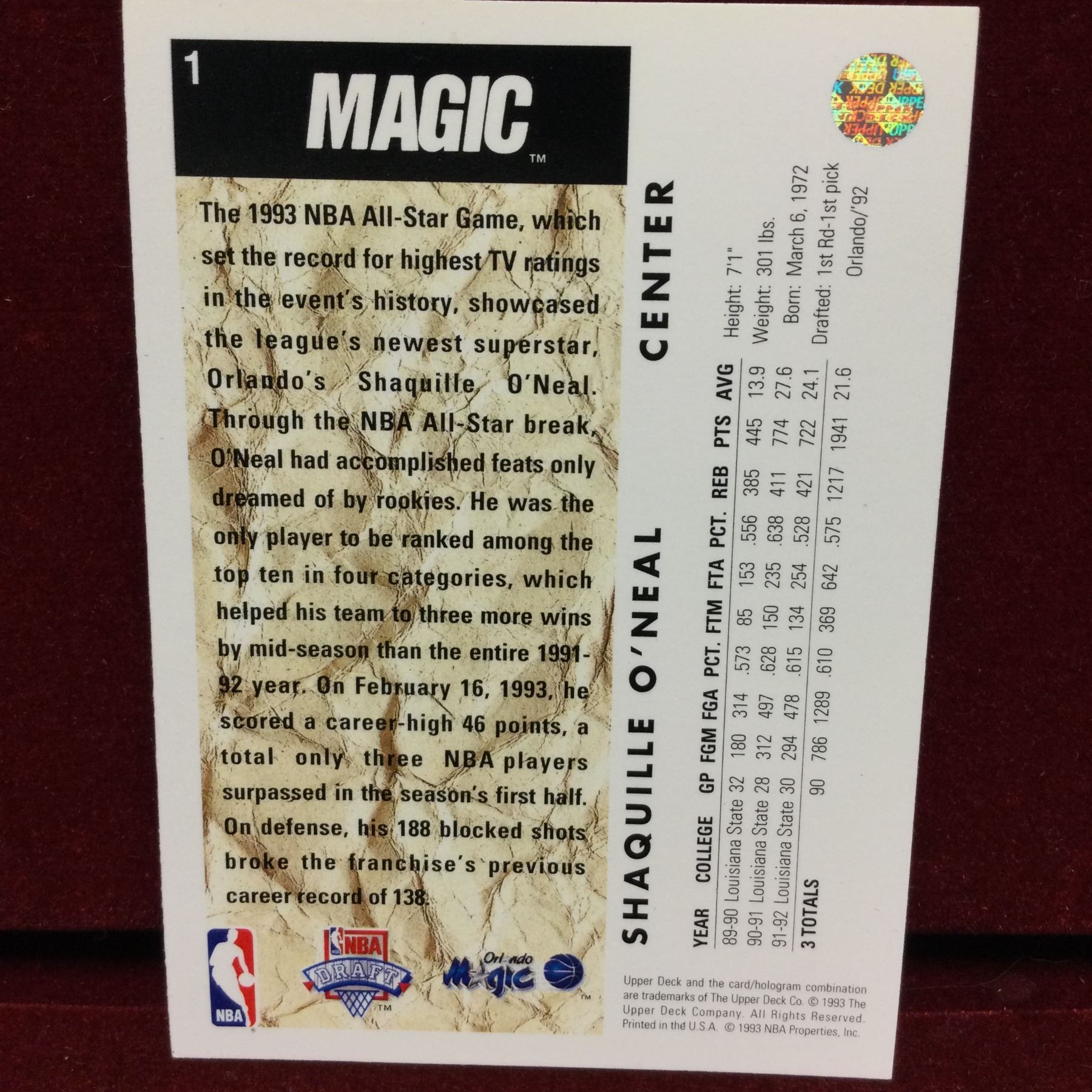 RARE 1993 Shaquille O'neal Basketball Card RARE 1993 Shaquille O'neal Basketball Card
