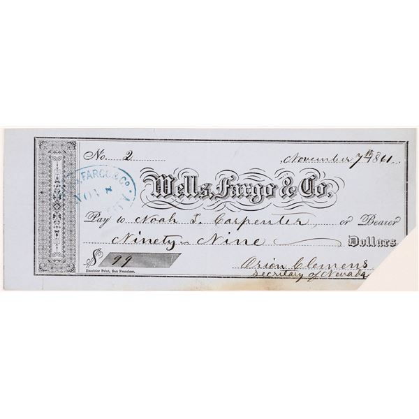 Wells Fargo Nevada Territory Check Signed by Orion Clemens [164476]