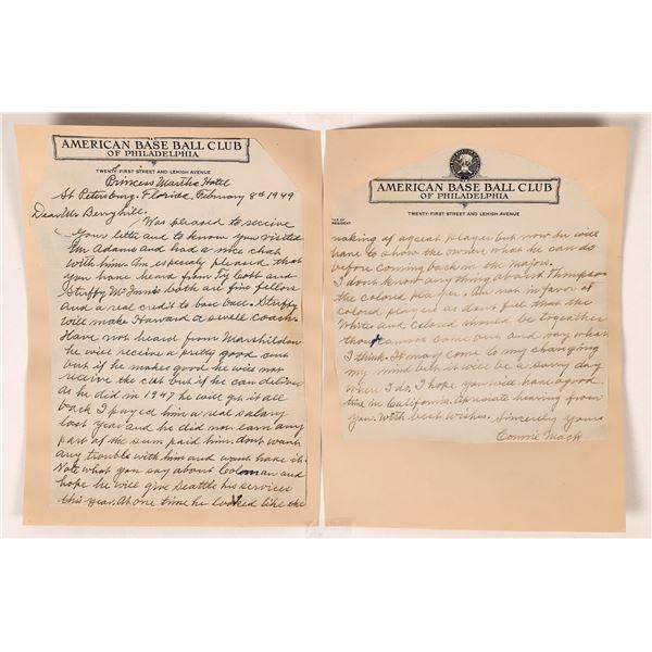 Connie Mack Signed Letter, American Base Ball Club, Discussing Black Players [164335]