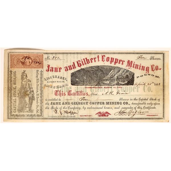 Jane and Gilbert Copper Mining Stock Signed by John Bigler [161396]