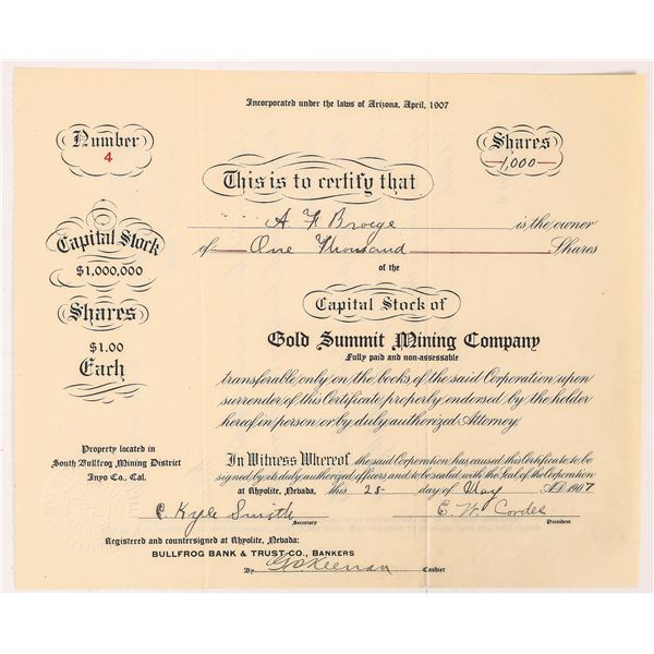 Gold Summit Mining Company Stock Certificate, Bullfrog, Inyo County [160362]