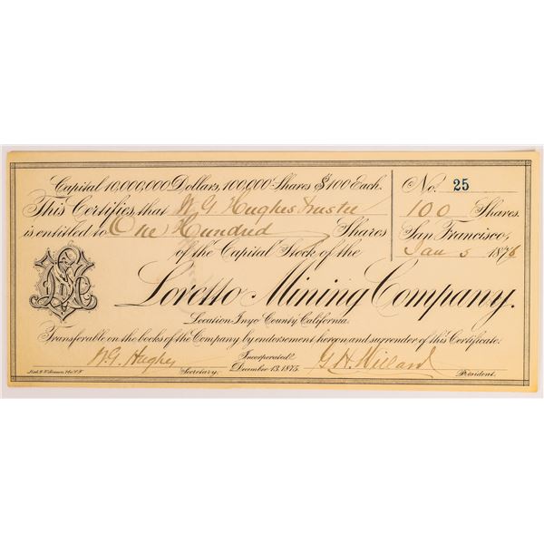 Loretto Mining Company Stock Certificate, GT Brown Lithographer [160364]