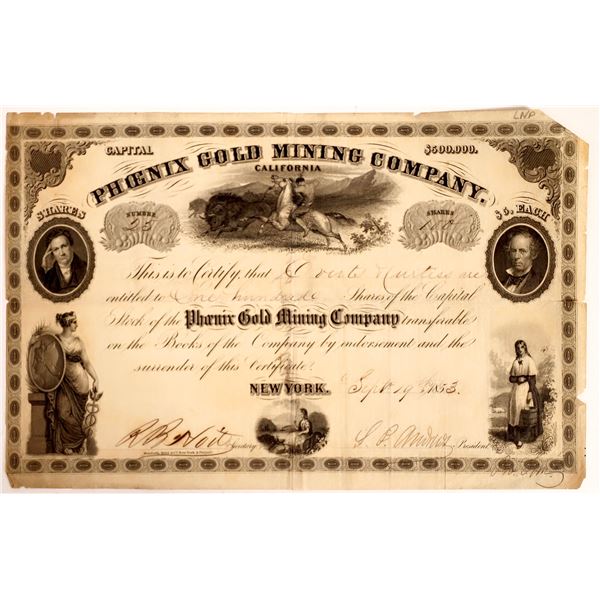 Rare Phoenix Gold Mining Company Stock, 1853 [157336]