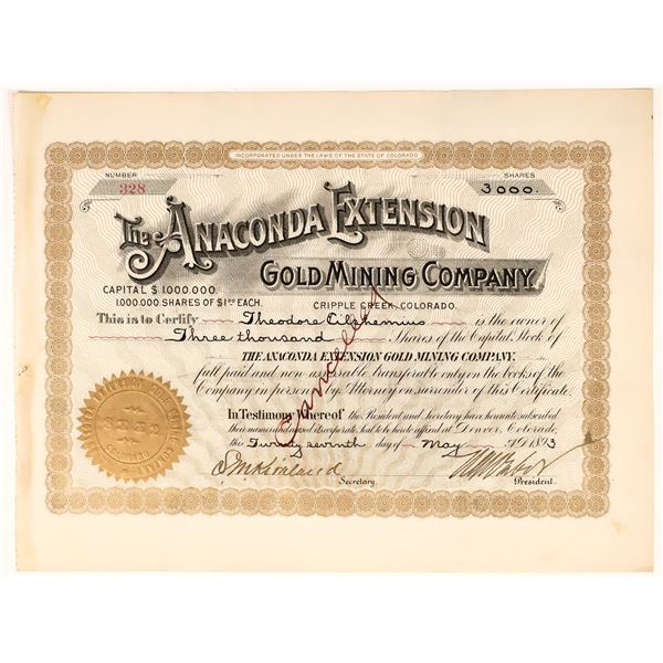 Anaconda Extension Gold Mining Co. Stock Certificate Signed by Horace Tabor [155694]