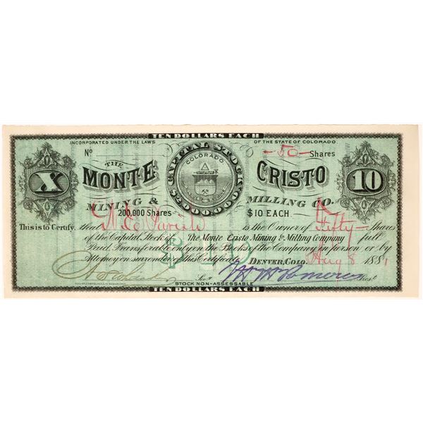 Monte Cristo Mining & Milling Co. Stock Certificate Signed by MM Pomeroy [155695]