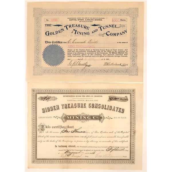 Colorado "Treasure" Mining Stock Certificates: Leadville & Cripple Creek [155687]